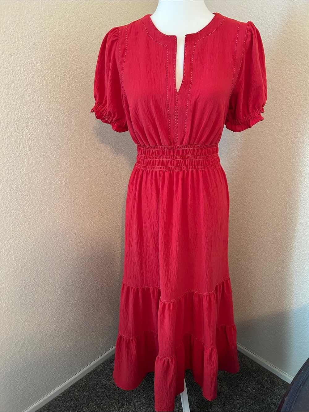 Max Studio Red Puff Sleeve Smocked Waist Maxi Dress